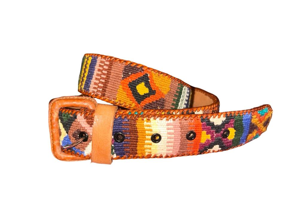 Vintage Y2K Leather & Tapestry Woven Belt – Size 34